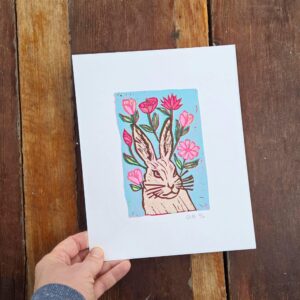 Bunny with flowers, block print art original, FREE SHIPPING, Rabbit Block Print, Bunny Art Print, bunny artwork, rabbit artwork, rabbit lino