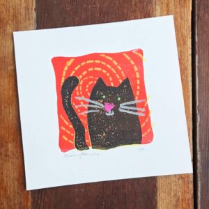 Black cat block print, block print art original, FREE SHIPPING, black cat art print, reduction lino cut, limited edition linocut