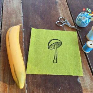 Block Printed Mushroom Patch, 6 inch Cotton Linen Sew On Applique, sew on patches, cotton patch, fabric patch