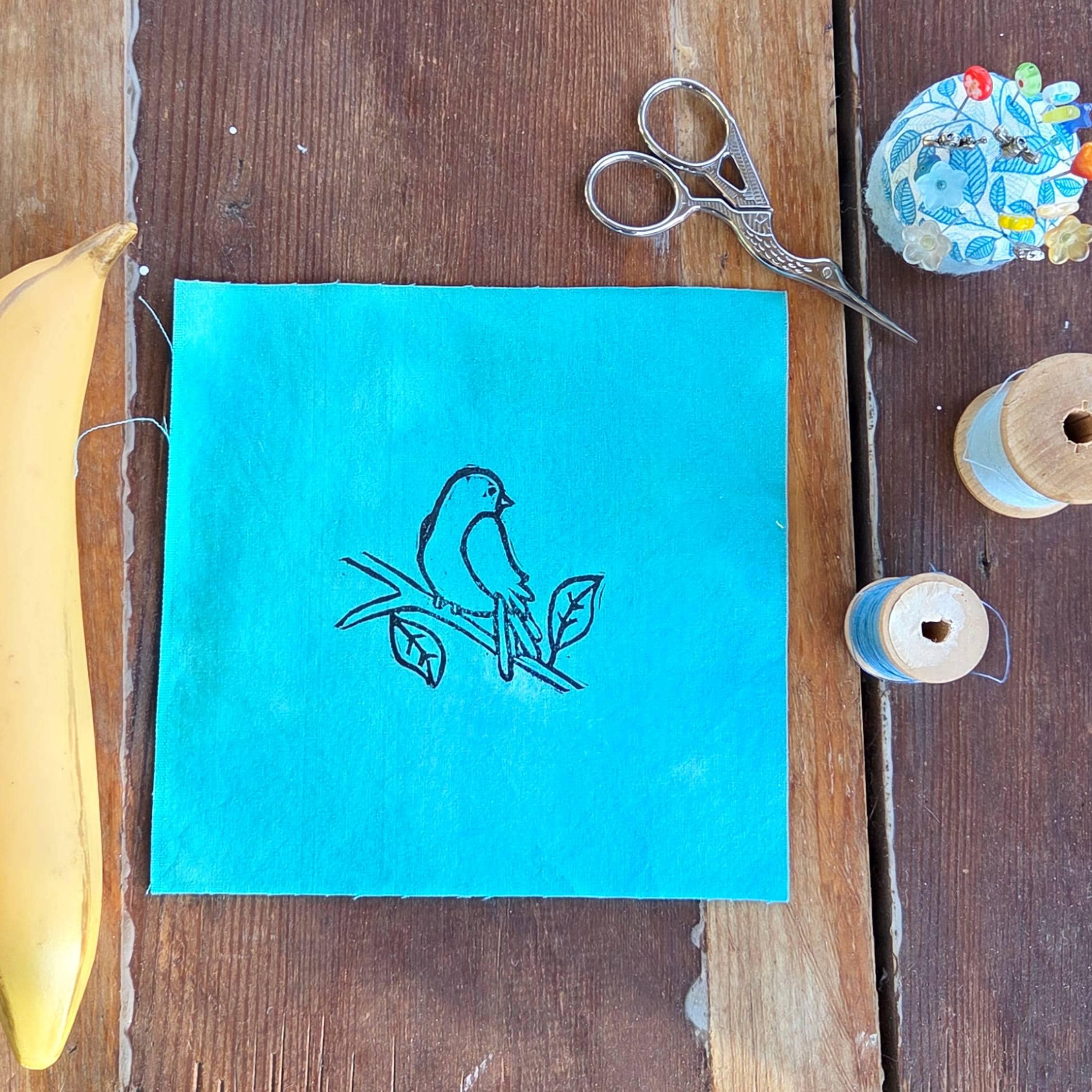 Block Printed Bird on a Branch Patch, 6 inch Cotton Linen Sew On Applique, sew on patch, cotton patch, fabric patch, bird patch, bird print - Image 2