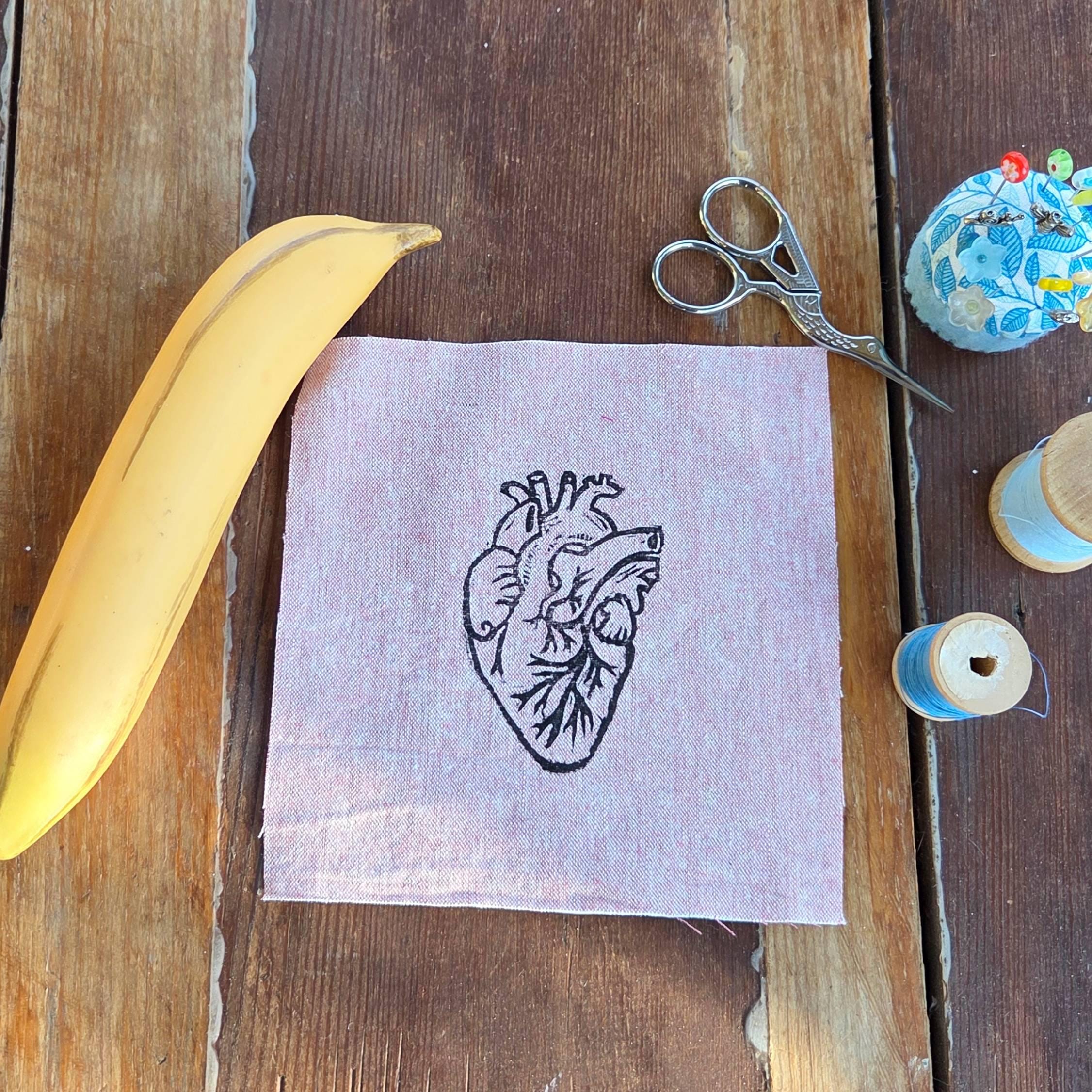 Block Printed Anatomical Heart Patch, 6 inch Cotton Linen Sew On Applique, sew on patches, fabric patch, anatomical patch, valentine patch - Image 2