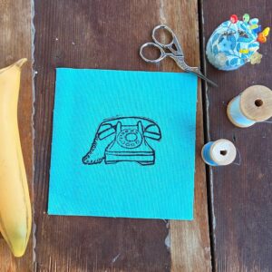 Block Printed Vintage Telephone Patch, 6 inch Cotton Linen Sew On Applique, sew on patches, cotton patch, fabric patch