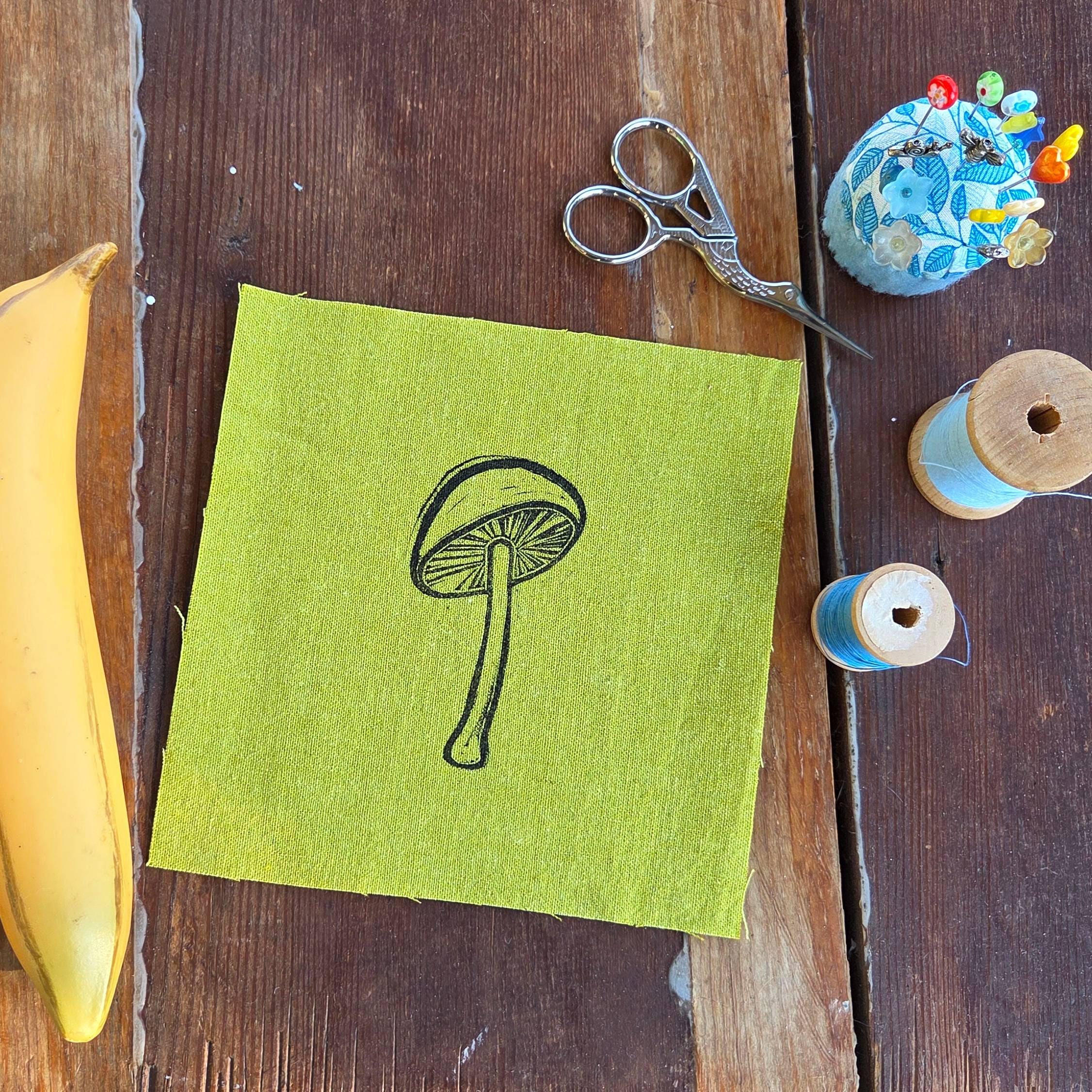 Block Printed Mushroom Patch, 6 inch Cotton Linen Sew On Applique, sew on patches, cotton patch, fabric patch - Image 2