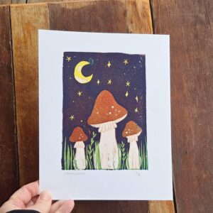 Mushrooms Reduction Lino Print, mushrooms art print, reduction lino cut, limited edition linocut