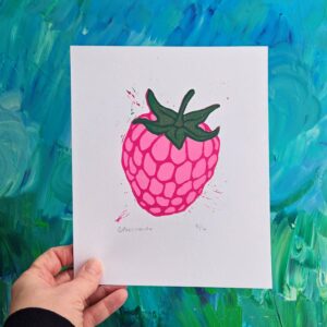 Raspberry Reduction Lino Print, raspberry art print, reduction lino cut, limited edition linocut, raspberry block print, FREE SHIPPING