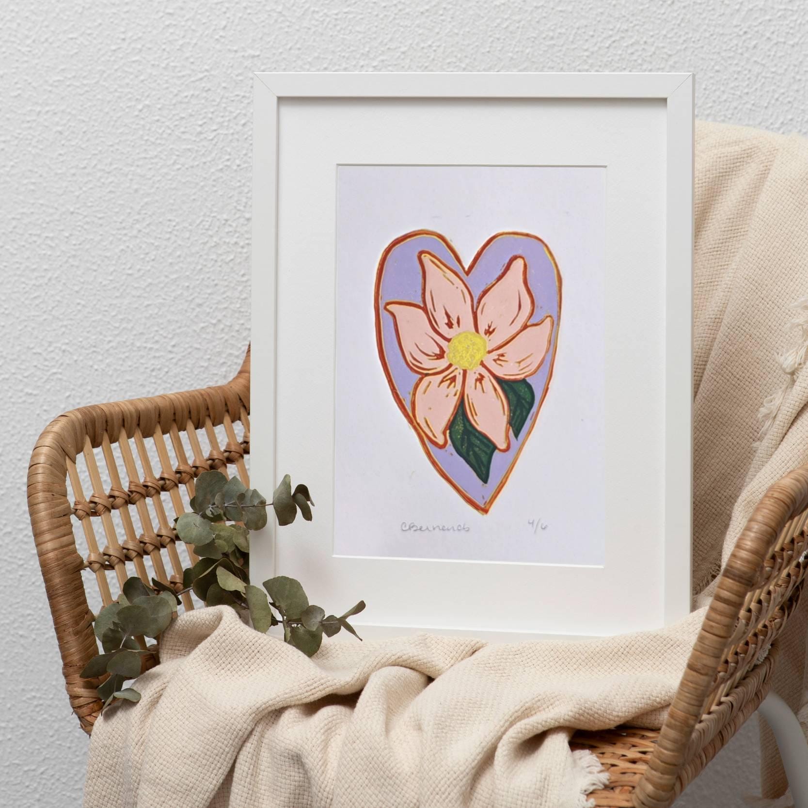 Heart Reduction Lino Print, heart art print, reduction lino cut, limited edition linocut